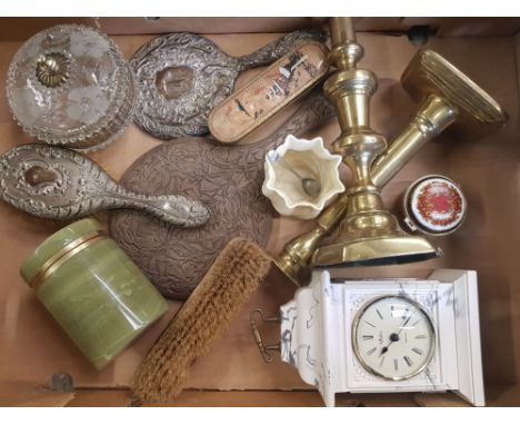 A mixed collection of items to include silver backed part dressing table set, onyx and brass lidded pot, Aynsley small mantel