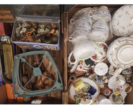 A mixed collection of items to include a part tea set, wooden handled vintage tools, ceramic novelties etc (2 trays). 