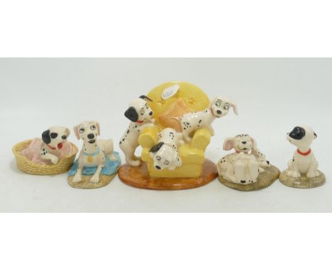 Royal Doulton 101 Damations figures to include Pups in Armchair DM11, Penny and Freckles DM3, Patch in Basket DM 9, Lucky DM8