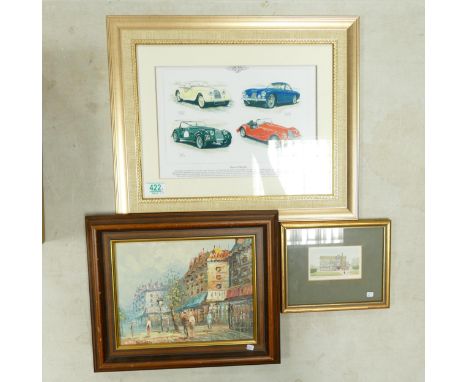 Framed watercolour of Little Morton Hall,signed  oil on canvas of a city scene and a framed print of morgan cars (3) 