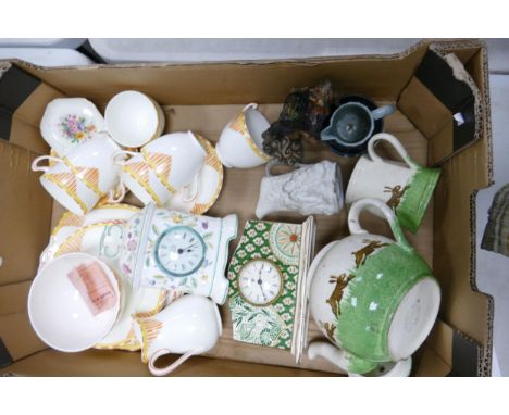A mixed collection of items of include Atherton Art Deco Teaset, Minton Haddon Hall patterned Mantle Clock etc 