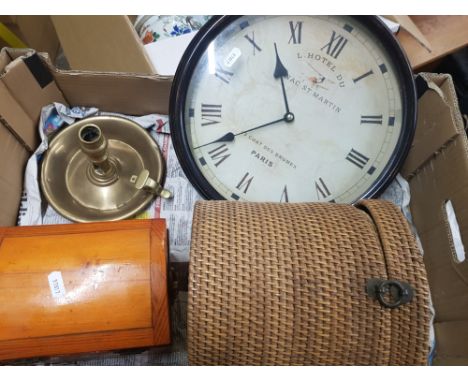 A mixed collection of items to include brass candlestick, repro wall clock, wicker basket &amp; wooden casket 