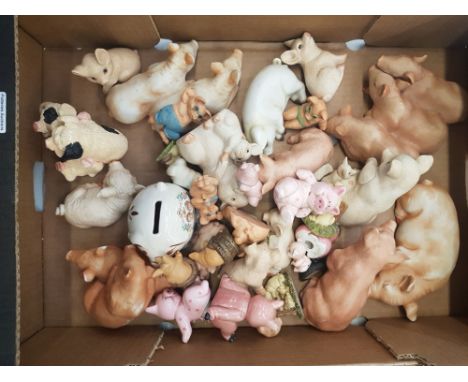 A large collection of ceramic and resin novelty pig figures (1 tray). 