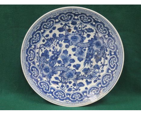ORIENTAL STYLE BLUE AND WHITE GLAZED CERAMIC CIRCULAR CHARGER 
