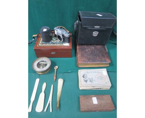 MIXED LOT INCLUDING BAROMETER, SCALES, WRITING SLOPE, CIGARETTE CARDS, VICTORIAN PHOTO ALBUM AND CAMERAS, ETC.