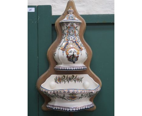 PRETTY HANDPAINTED GLAZED CERAMIC WATER DISPENSER WITH DISH, MOUNTED ON WOODEN DISPLAY, STAMPED PORTUGAL