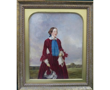 ATTRIBUTED TO JOHN DALBY OF YORK (1810-1865), GILT FRAMED OIL ON BOARD PORTRAIT DEPICTING A LADY WITHIN A COUNTRY SETTING, SI