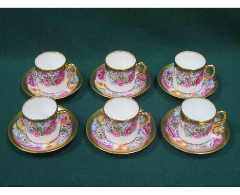 SET OF SIX PRETTY GILDED AND FLORAL DECORATED COFFEE CANS AND SAUCERS 