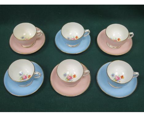 SET OF SIX COPELAND FLORAL DECORATED CUPS AND SAUCERS 