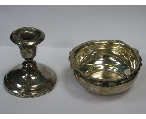 HALLMARKED SILVER CANDLE STAND AND HALLMARKED SILVER SUGAR BOWL
