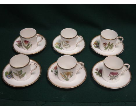 SET OF SIX ROYAL WORCESTER FLORAL DECORATED COFFEE CANS WITH SAUCERS 