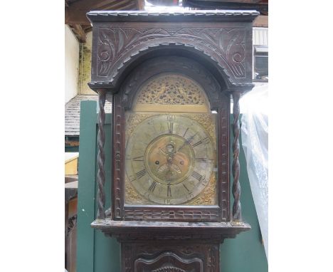 EARLY CARVED OAK CASED LONGCASE CLOCK WITH BRAD DIAL, BY ELI STANCLIFFE, FOR RESTORATION 