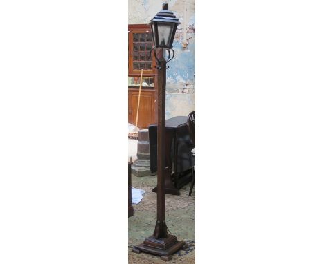OAK AND CAST METAL LANTERN STYLE STANDARD LAMP 