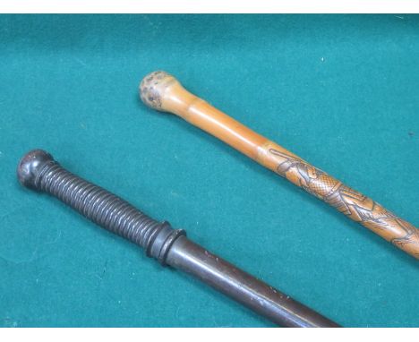 POLICE TRUNCHEON AND WALKING STICK WITH CARVED ORIENTAL DECORATION 