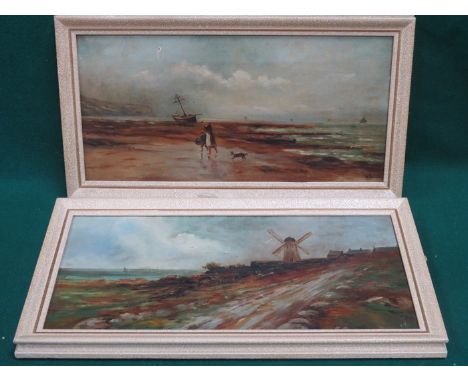 PAIR OF OIL ON CANVASES DEPICTING COASTAL SCENES, SIGNED R E, APPROXIMATELY 17cm x 35cm 