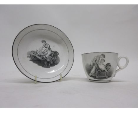 English porcelain coffee can and saucer with an Adam Buck style print, early 19th century, together with an early 19th centur
