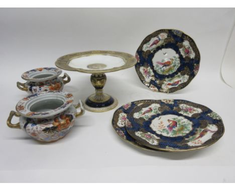 Two Ironstone vases with a Japan pattern, probably Mason's, together with three Booth's plates decorated in 18th century Worc