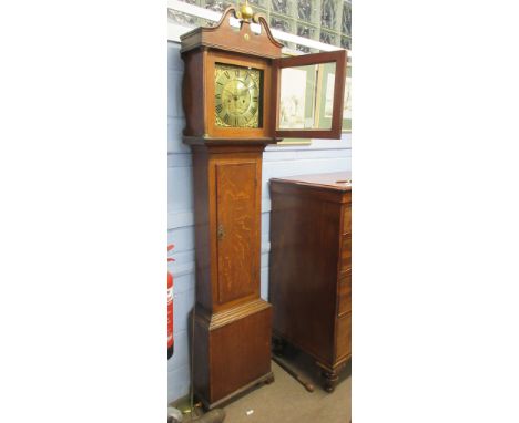 Late 18th/early 19th century oak provincial longcase clock with swan neck pediment and central gilded onion finial over a squ