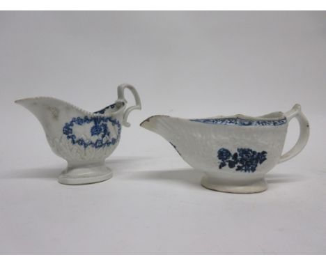 Group of two English porcelain sauce boats, one Lowestoft with floral print and helmet shaped sauce boat, Liverpool, with flo
