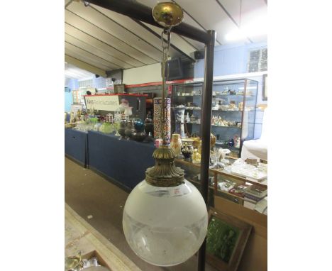 Frosted glass globular and brass mounted hanging light, 25cm diam   