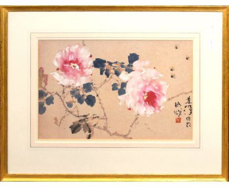 Oriental watercolour of flowers in light oak frame, the image signed in black also with seal in red