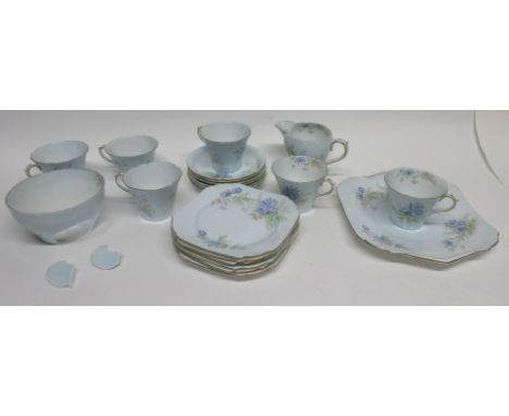 Group of Shelley tea wares in pattern number 13052, decorated with a floral print in light blue, comprising 6 cups, saucers, 