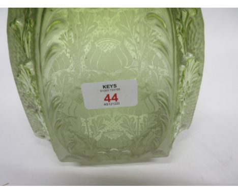 Green glass oil lamp shade with Art Nouveau design of poppies, 10cm diam at base   