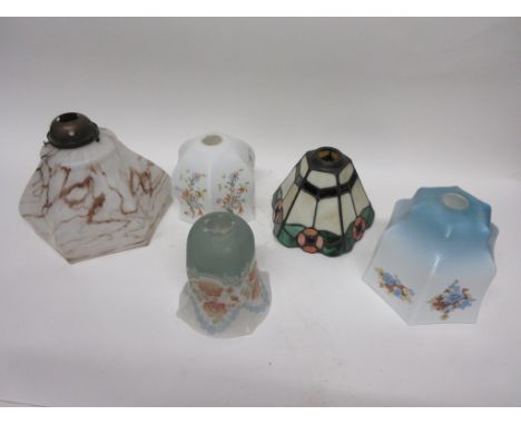 Group of five oil lamp shades, various sizes, one in Art Nouveau style with floral decoration   