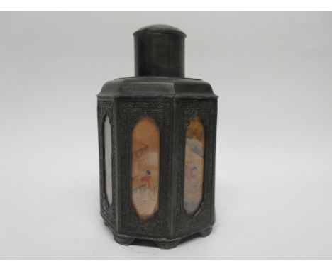 Interesting Chinese tea caddy of octagonal form, the metal body with scroll decoration with panels of watercolours of Chinese