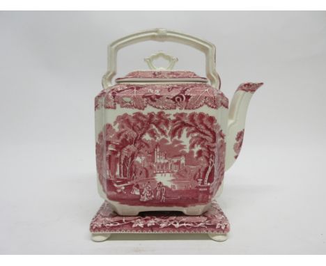 Mason's Ironstone tea pot and stand decorated with prints in pink enamel in the Vista pattern   