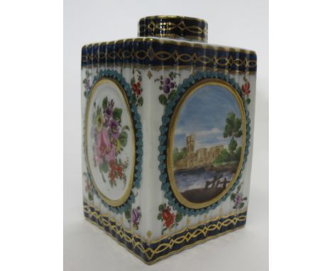 Worcester style tea caddy, probably by Samson, with the four sides painted with landscape panels and alternating panels of fl