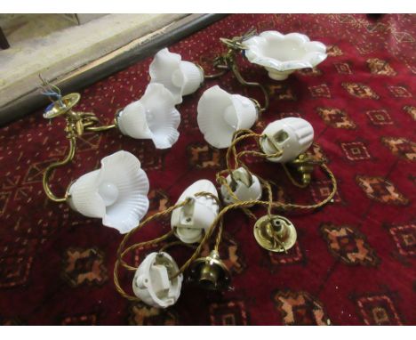 Pair of converted electric two-branch wall sconces (former gas fittings), further adjustable hanging light etc