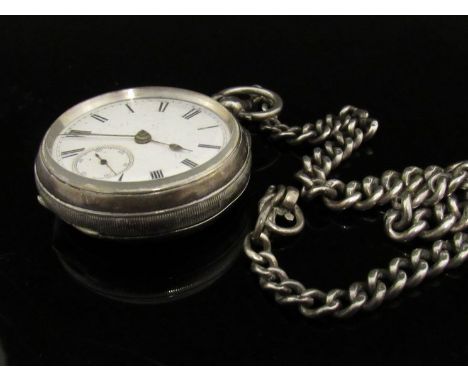 A silver cased pocket watch with numerated chapter ring and subsidiary second dial, on silver chain 