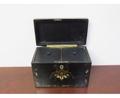 A lacquered floral design twin compartment tea caddy 