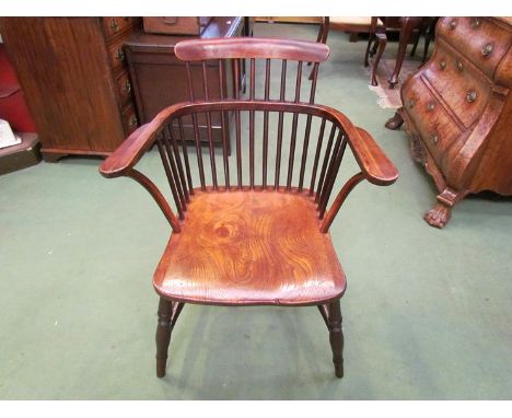 Circa 1840 Thames Valley elm and ash stick back Windsor elbow chair on turned legs, joined by an "H" stretcher 