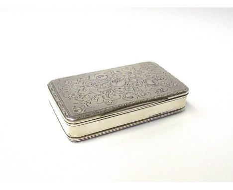 A French silver snuff box, with engraved rose design to lid, reeded back 8cm long 82g