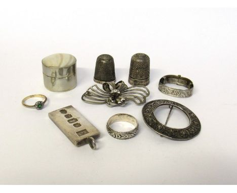 A silver thimble, ingot, Celtic brooch etc 
