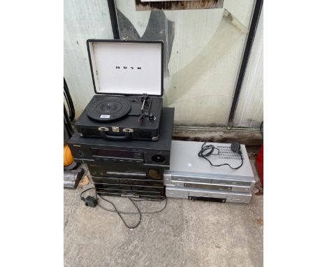AN ASSORTMENT OF ITEMS TO INCLUDE A SHERWOOD AMPLIFIER, VHS PLAYERS AND A PORTABLE RECORD PLAYER