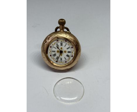 A MARKED 14K GOLD LADIES POCKET WATCH WITH DECORATIVE WHITE ENAMEL DIAL AND ROMAN NUMERALS GROSS WEIGHT 22.8 GRAMS  (GLASS LO