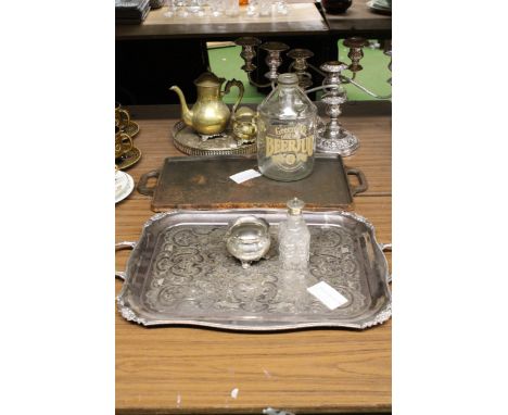 A QUANTITY OF SILVER PLATE TO INCLUDE TWO THREE BRANCHED CANDLEABRAS, A LARGE HANDLED TRAY, SUGAR BOWL, ETC PLUS A ROUND BRAS