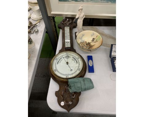 A VINTAGE OAK FRAMED BAROMETER WITH THERMOMETER WITH CARVING, A ROYAL DOULTON 'COACHING SCENE' BOWL, GUISEPPE ARMANI 'FLORENC