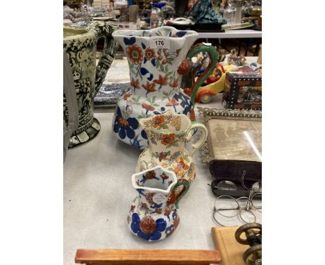 THREE MASONS IRONSTONE JUGS, TALLEST 25CM
