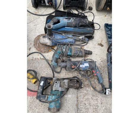 FIVE POWER TOOLS TO INCLUDE A MAKITA SDS DRILL, AN ANGLE GRINDER AND AN ERBAUER SAW ETC