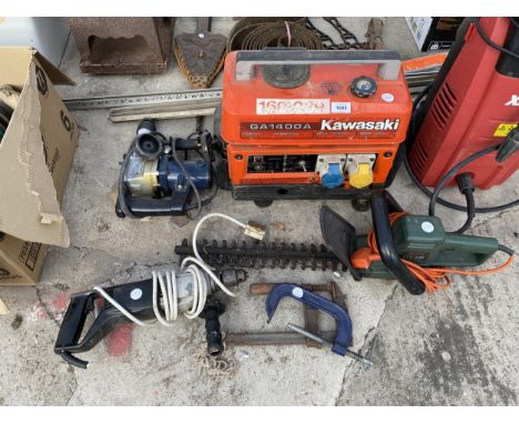 AN ASSORTMENT OF ITEMS TO INCLUDE A KAWASAKI GENERATOR, A BLACK AND DECKER ELECTRIC HEDGE TRIMMER AND A G CLAMP ETC