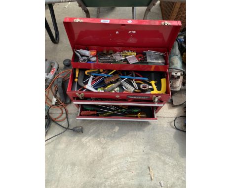 A PREDATOR METAL TOOL BOX CONTAINING VARIOUS TOOLS TO INCLUDE SCREW DRIVERS, PLIERS AND A HACK SAW ETC