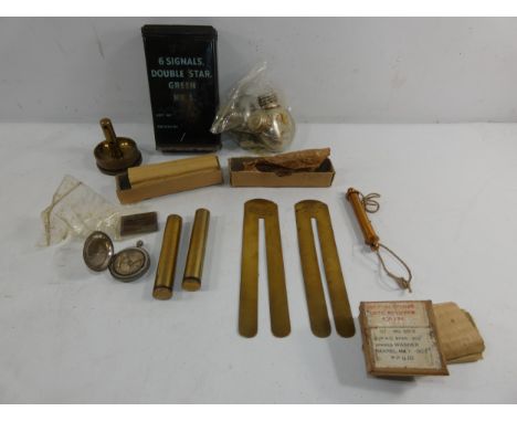 A BOXED SPRING BALANCE, TWO BRASS BUTTON CLEANING SLIDES, COMPASS, OIL BOTTLE ETC