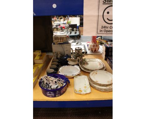 A MIXED LOT TO INCLUDE COSTUME JEWELLERY, FIGURES, LURPACK TOAST RACK, ART POTTERY MUGS, ETC.,