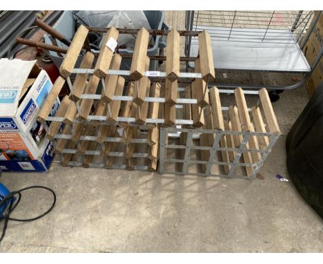 THREE SMALL WOODEN AND METAL BANDED WINE RACKS