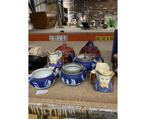 A WEDGWOOD JASPERWARE TEAPOT WITH A SILVER PLATED LID, MILK AND SUGAR BOWL, SYLVAC PICKLED CABBAGE FACE POT, H.J. WOOD CREAME