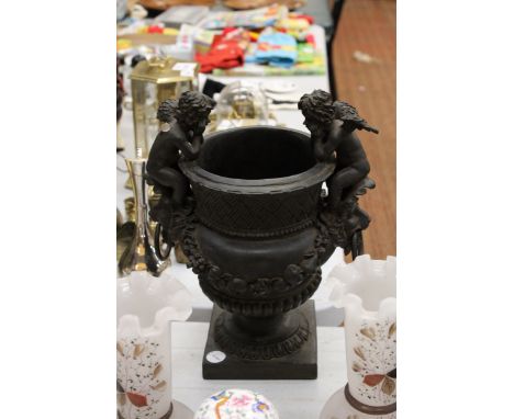 A PAIR OF CINTAGE GLASS VASES WITH FLUTED RIMS AND LEAF DESIGN, HEIGHT 22CM PLUS A PLANTER WITH CHERUB DECORATION, LIONS HEAD